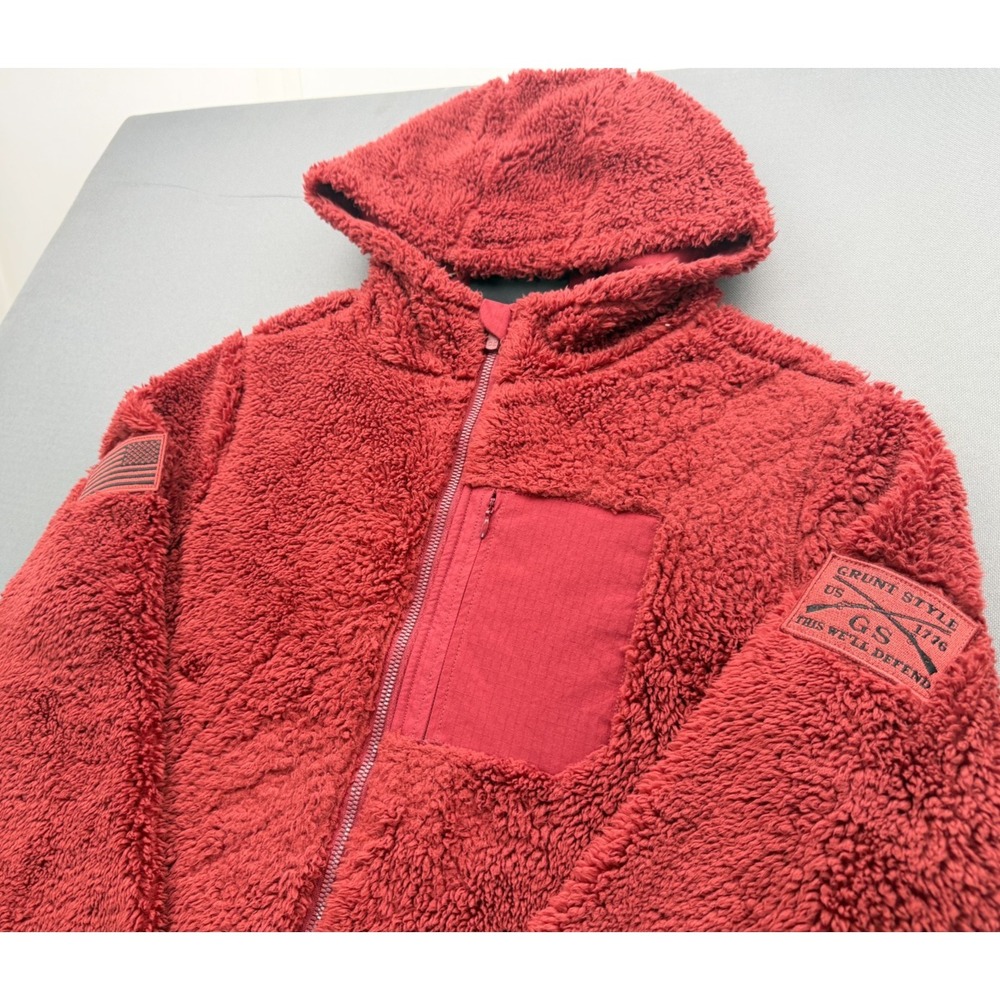 Grunt Style Sherpa Fleece Hooded Jacket Full Zip Flag Patch Red | Men's Medium - Picture 16 of 16